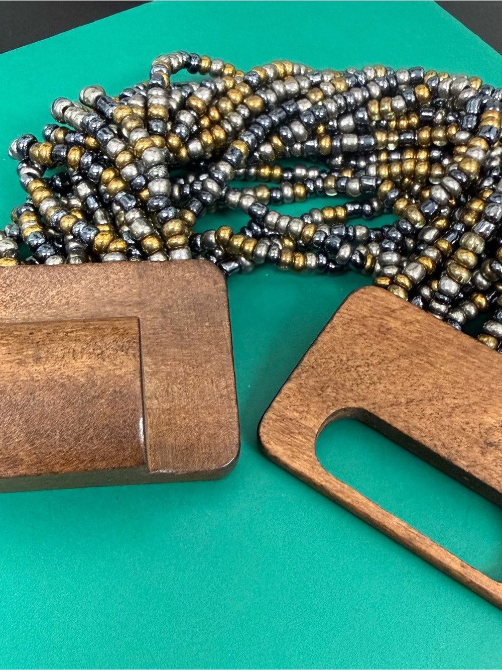 Glass Seed Bead Wood Cuff Bracelet Stretchy - Picture 8 of 9
